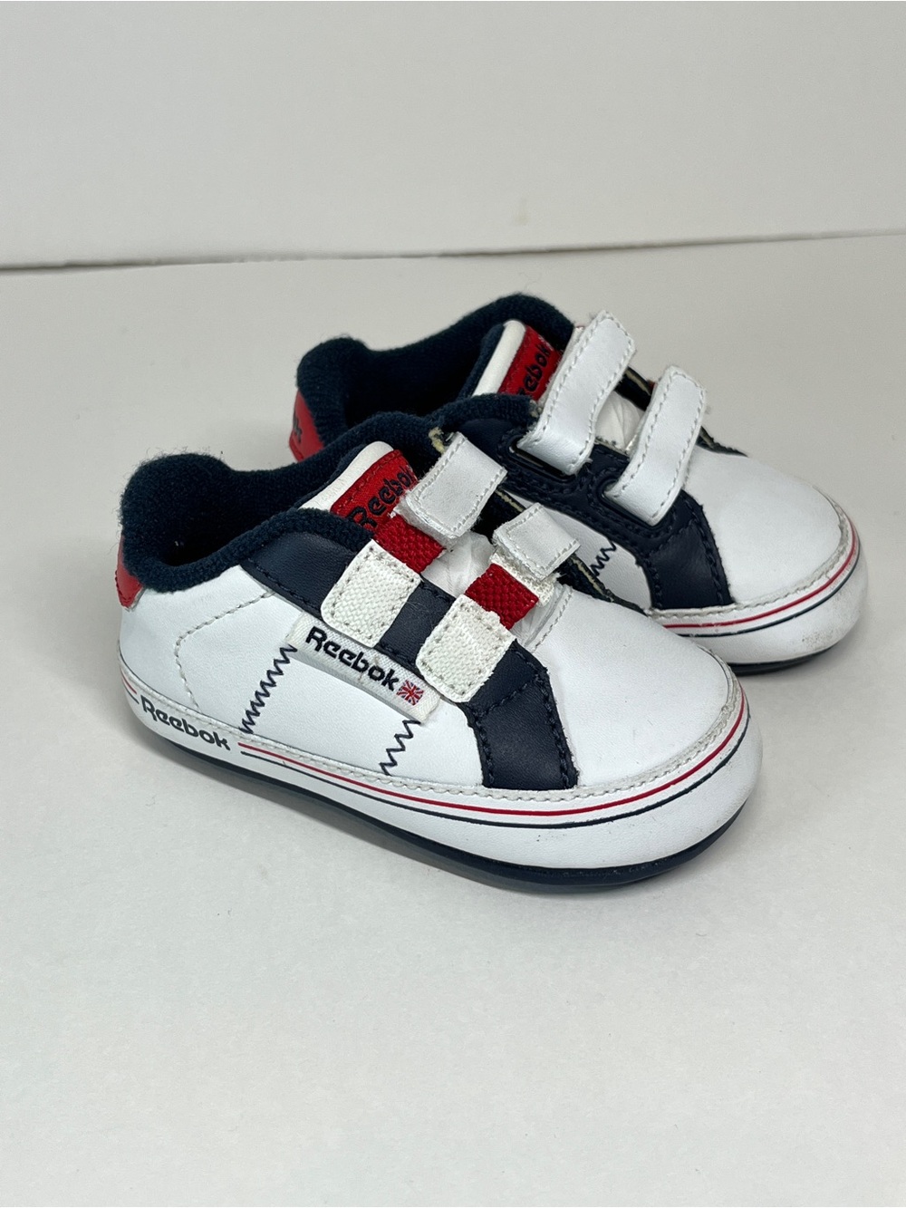 Like-New Baby Reebok USA 3 White Navy Blue Red Shoes Velcro Straps Sneaker Boys